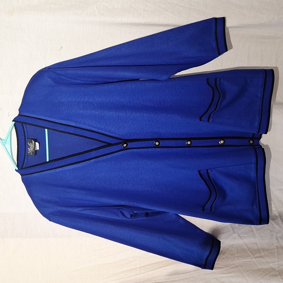 style exchange Sweaters - Vintage Royal Blue Cardigan with Black Accents, Silver Buttons, Sz 18, NWOT
